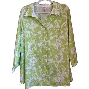 CJ Banks Womens Size 2X Green White Floral Button Up Shirt 3/4 Sleeve